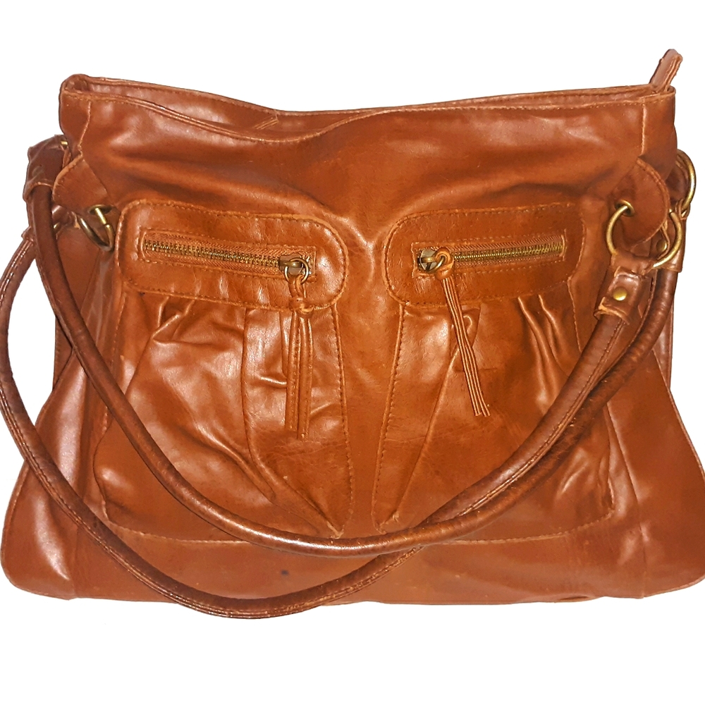 L@@K! Fabulous Vintage CHARLOTTE RUSSE Med. Brown Dbl Zip Pocket Satchel Bag 80s